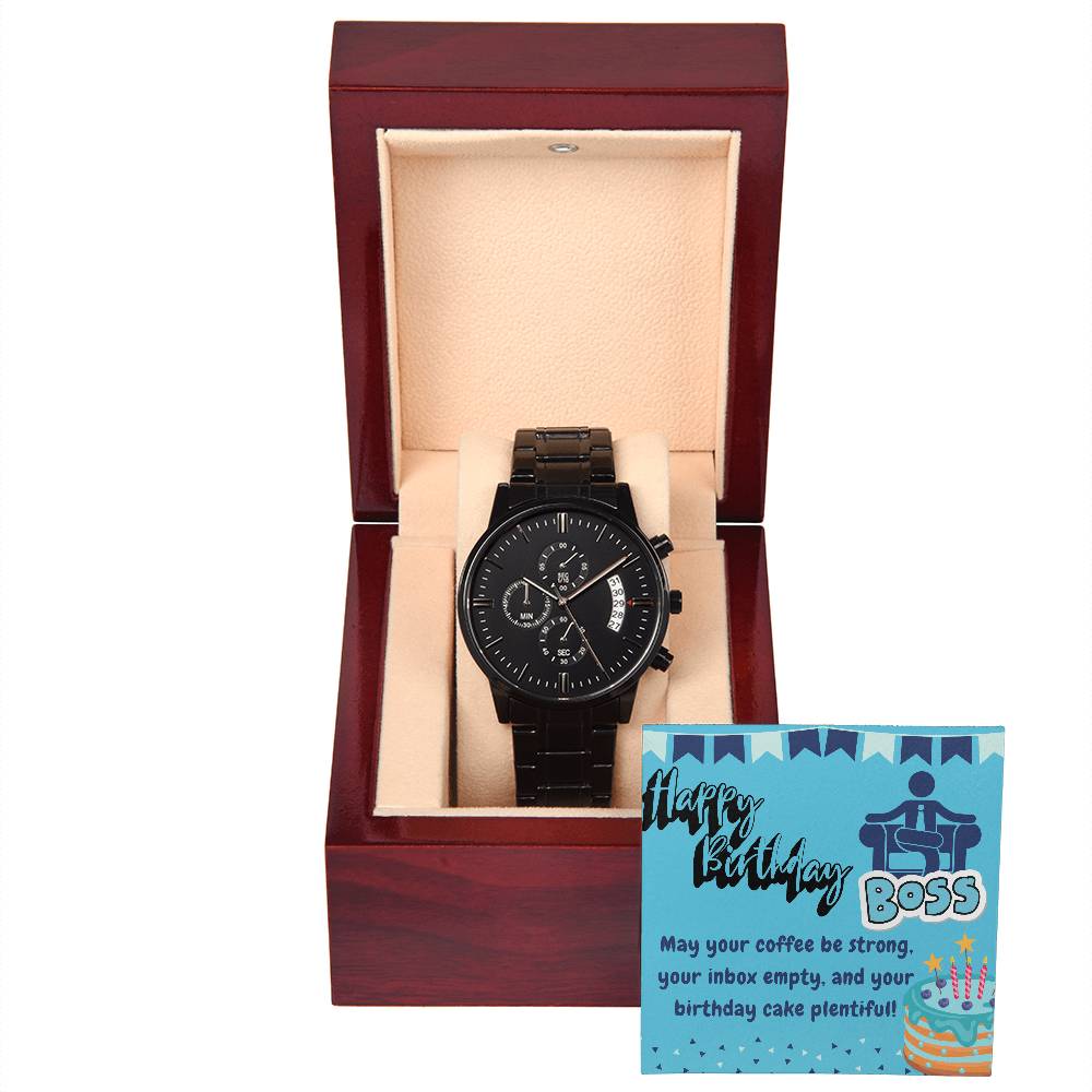 Black Chronograph Watch - The Perfect Birthday Gift for Boss | Boss Appreciation Day | Three Dial | Water Resistant | Scratch Proof | Gift Box | Message Card