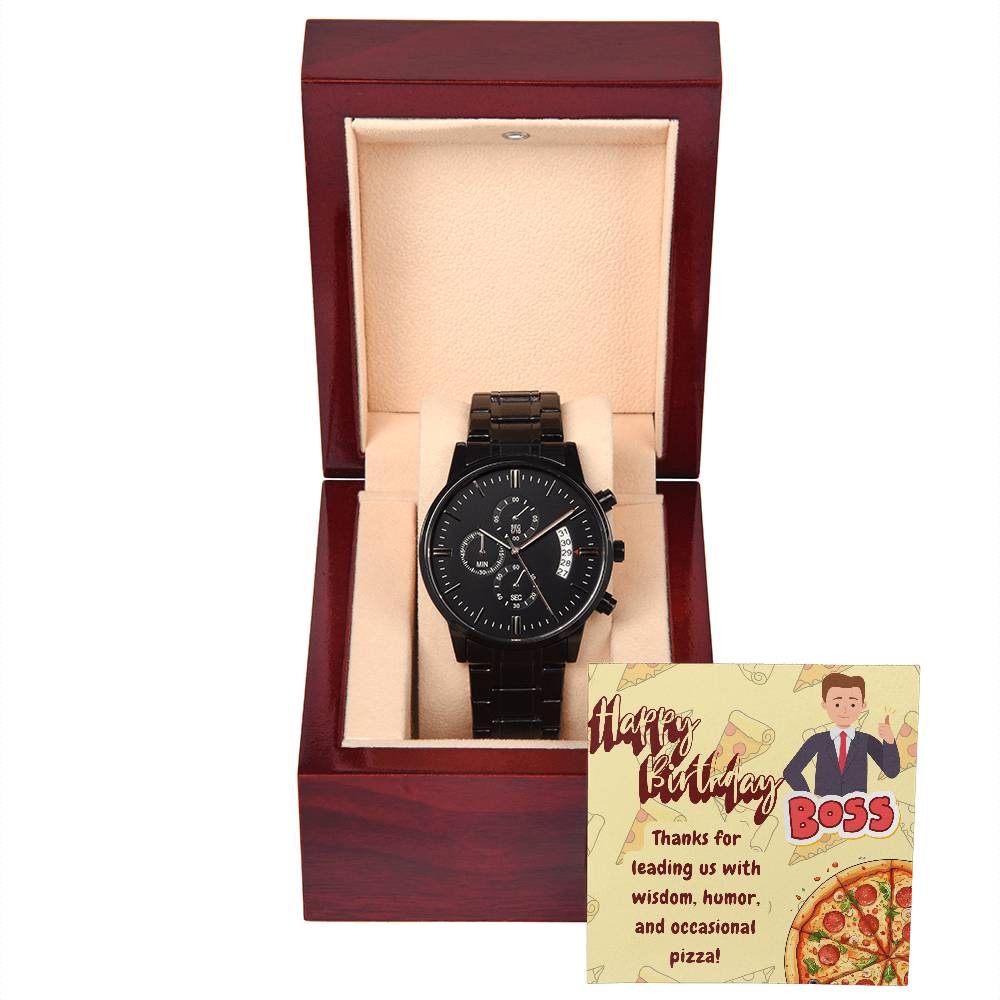 Black Chronograph Watch - The Funny Birthday Gift for Boss | Three Dial | Water Resistant | Scratch Proof | Gift Box | Funny Pizza Lover Message Card