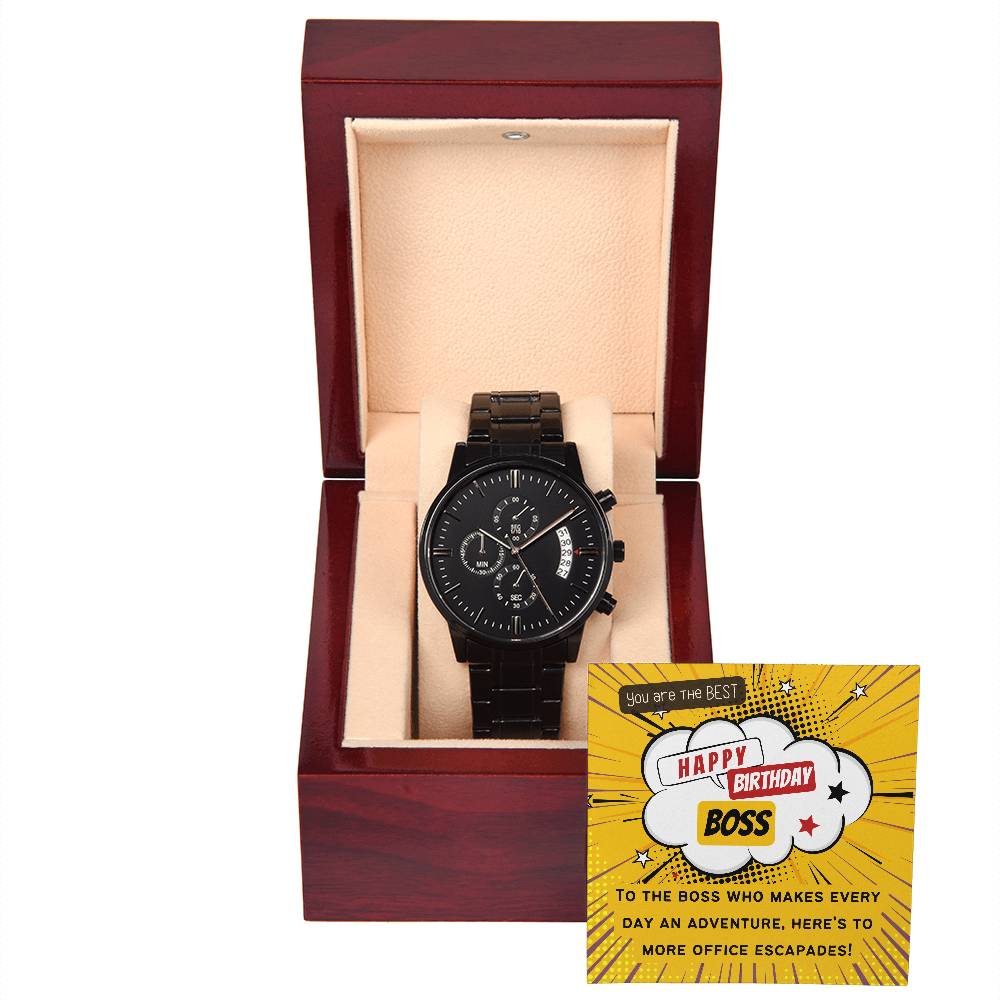 Black Chronograph Watch - The Perfect Gift for Boss Birthday | Three Dial | Water Resistant | Scratch Proof | Gift Box | Retro Vintage Message Card