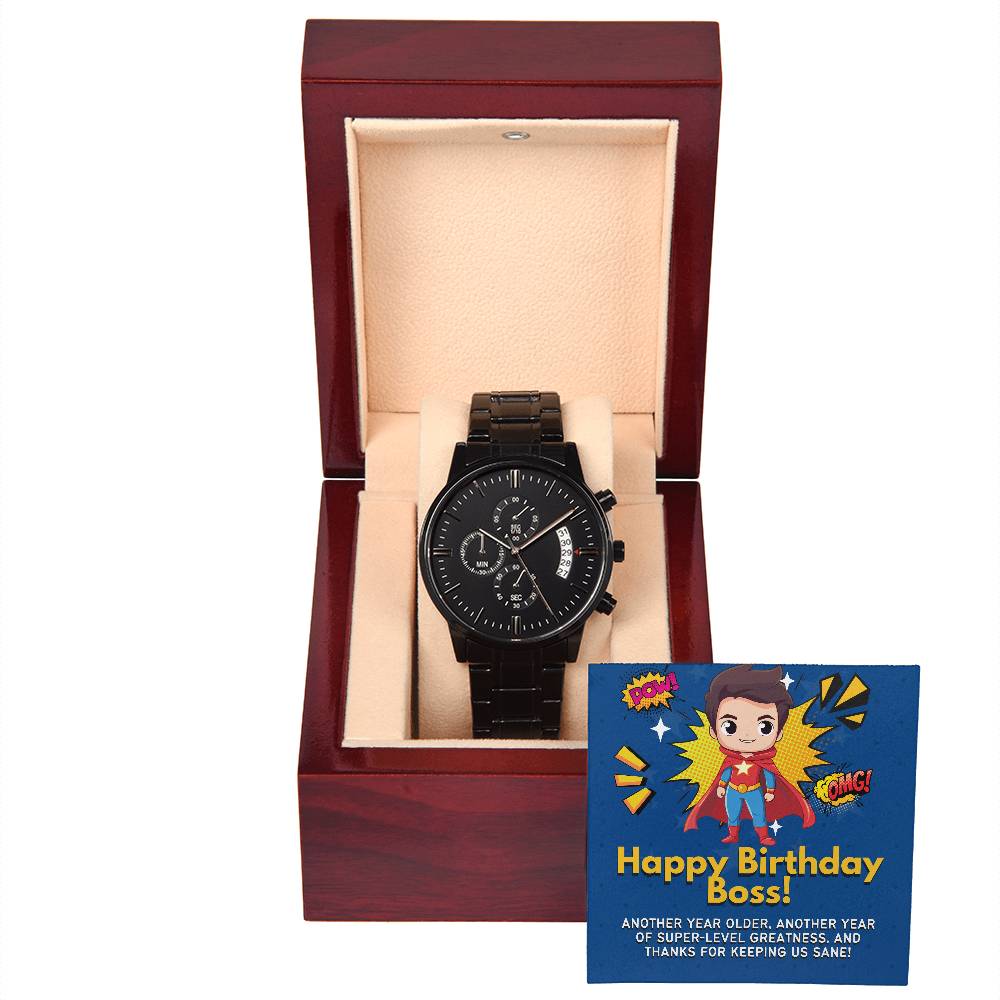 Black Chronograph Watch - The Perfect Birthday Gift for Boss | Three Dial | Water Resistant | Scratch Proof | Gift Box | Message Card | Superhero Boss