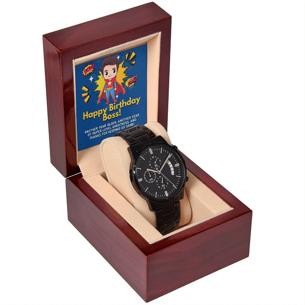 Black Chronograph Watch - The Perfect Birthday Gift for Boss | Three Dial | Water Resistant | Scratch Proof | Gift Box | Message Card | Superhero Boss
