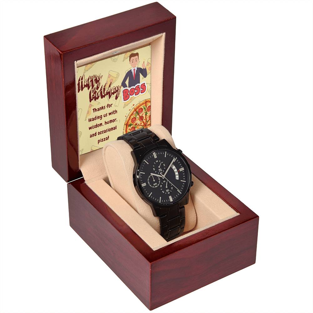 Black Chronograph Watch - The Funny Birthday Gift for Boss | Three Dial | Water Resistant | Scratch Proof | Gift Box | Funny Pizza Lover Message Card