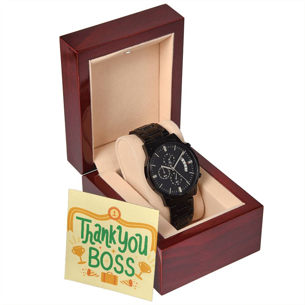 Black Chronograph Watch - The Perfect Gratitude Gift for Boss Appreciation Day | Three Dial | Water Resistant | Scratch Proof | Gift Box | Thank You Message Card