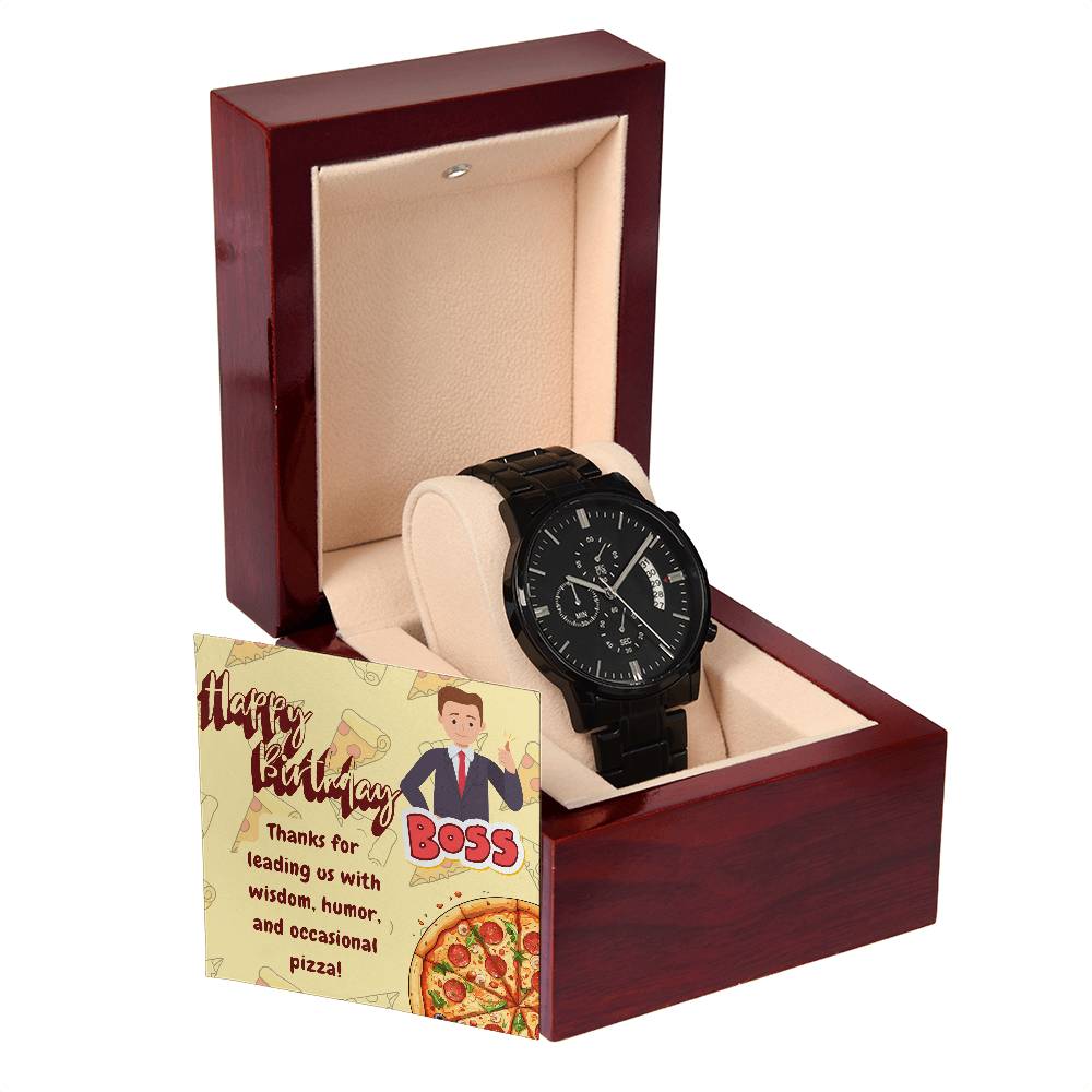 Black Chronograph Watch - The Funny Birthday Gift for Boss | Three Dial | Water Resistant | Scratch Proof | Gift Box | Funny Pizza Lover Message Card