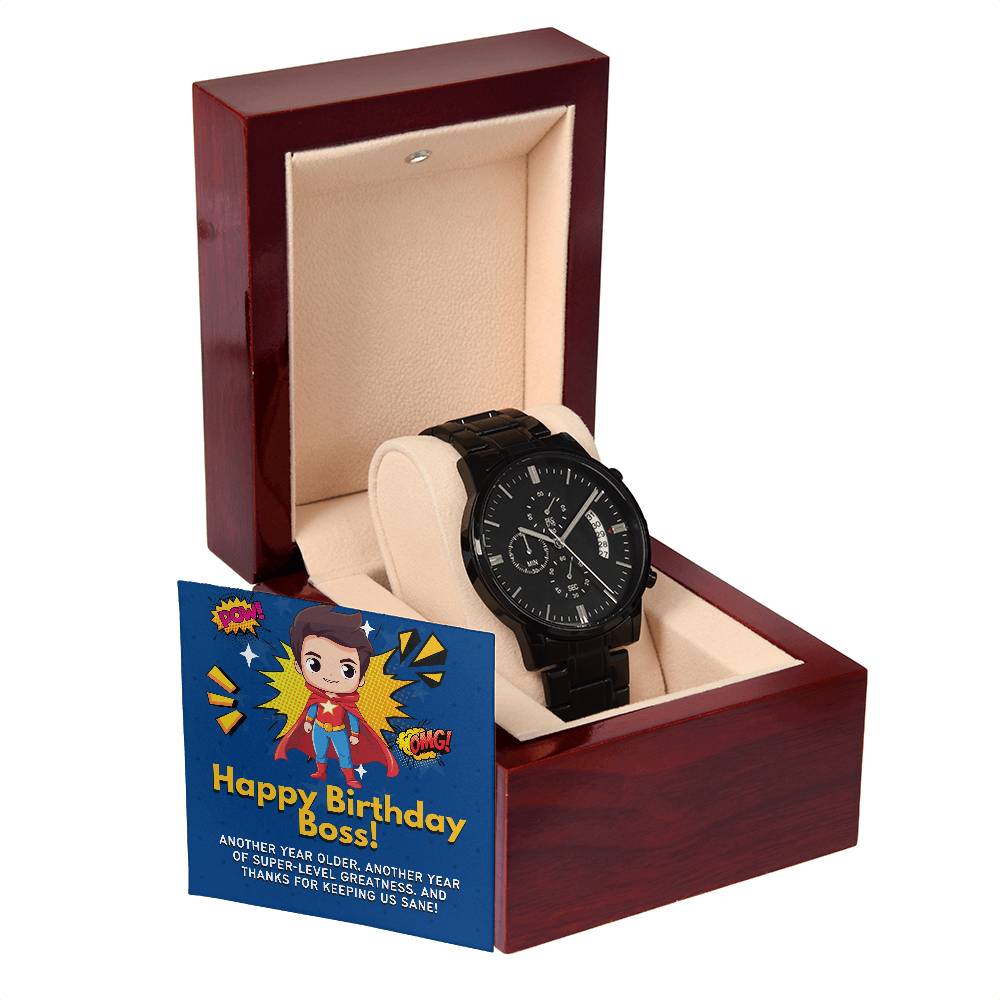 Black Chronograph Watch - The Perfect Birthday Gift for Boss | Three Dial | Water Resistant | Scratch Proof | Gift Box | Message Card | Superhero Boss