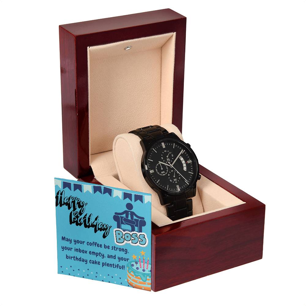 Black Chronograph Watch - The Perfect Birthday Gift for Boss | Boss Appreciation Day | Three Dial | Water Resistant | Scratch Proof | Gift Box | Message Card