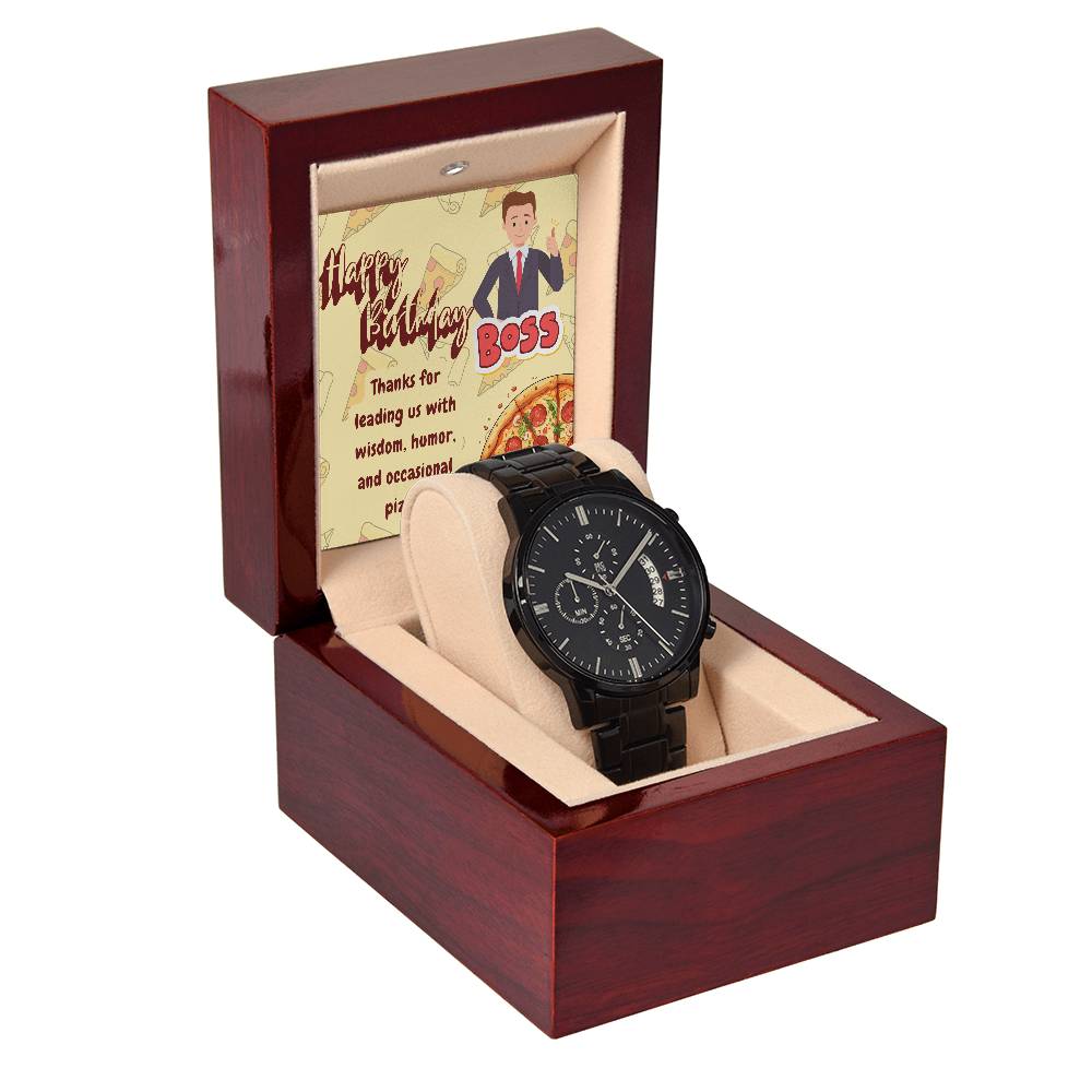 Black Chronograph Watch - The Funny Birthday Gift for Boss | Three Dial | Water Resistant | Scratch Proof | Gift Box | Funny Pizza Lover Message Card