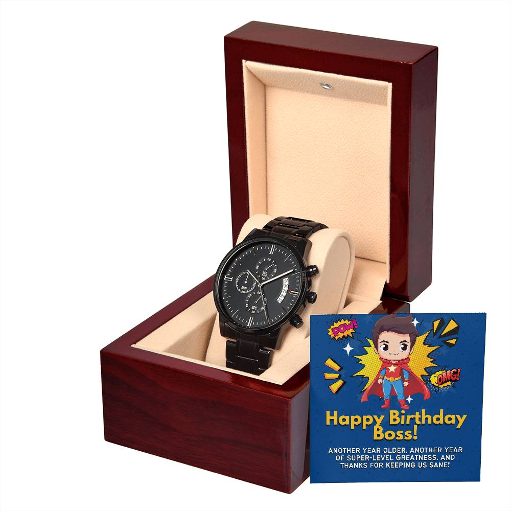 Black Chronograph Watch - The Perfect Birthday Gift for Boss | Three Dial | Water Resistant | Scratch Proof | Gift Box | Message Card | Superhero Boss