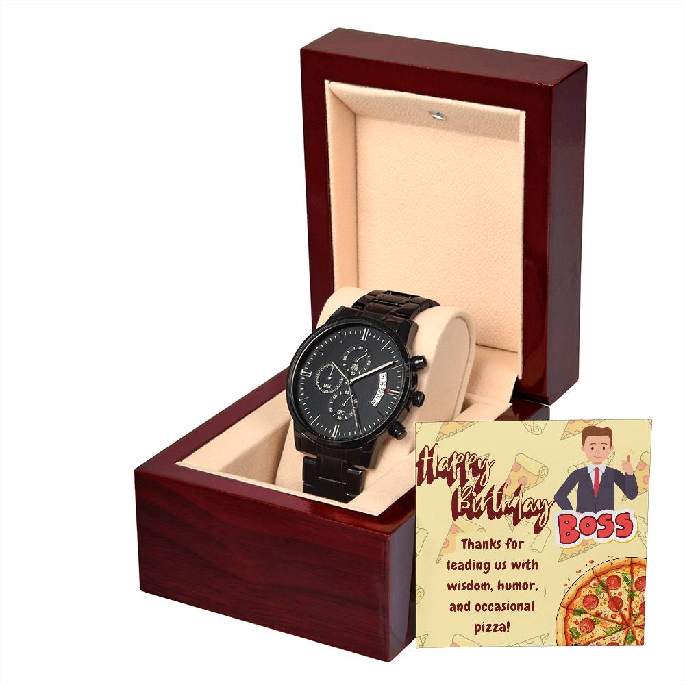 Black Chronograph Watch - The Funny Birthday Gift for Boss | Three Dial | Water Resistant | Scratch Proof | Gift Box | Funny Pizza Lover Message Card