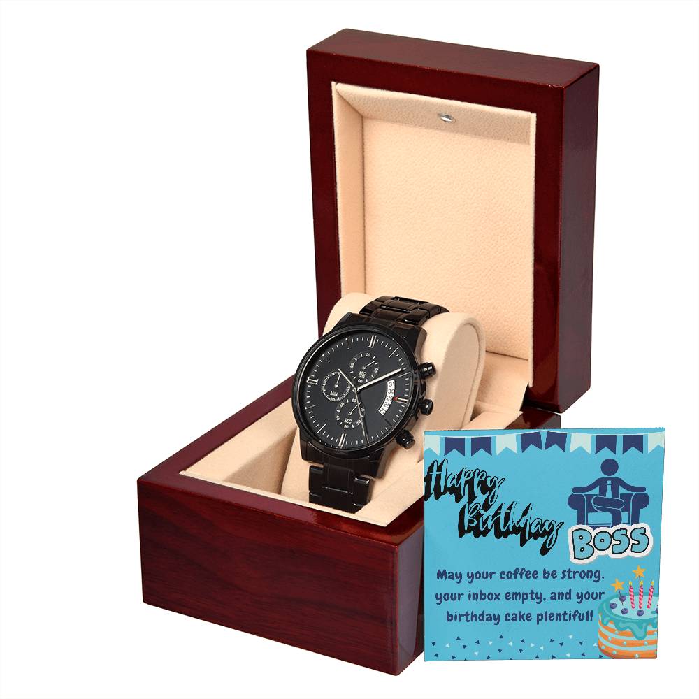 Black Chronograph Watch - The Perfect Birthday Gift for Boss | Boss Appreciation Day | Three Dial | Water Resistant | Scratch Proof | Gift Box | Message Card