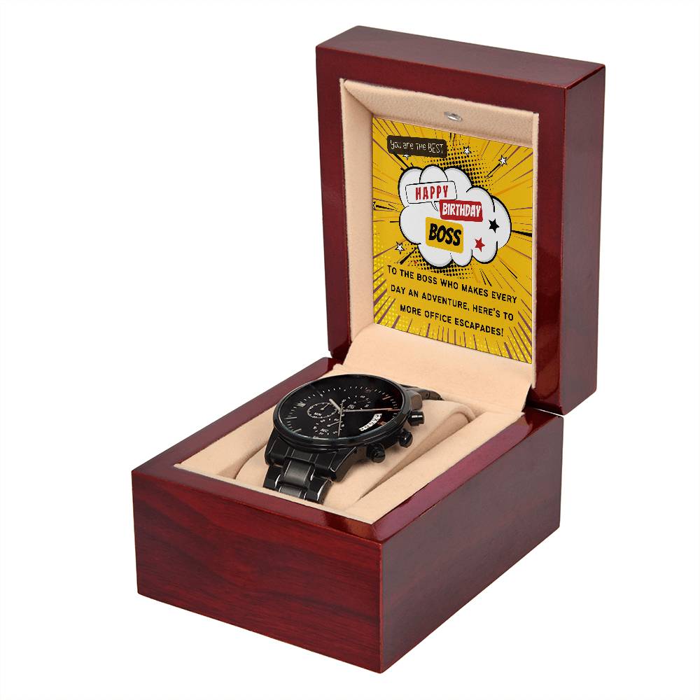 Black Chronograph Watch - The Perfect Gift for Boss Birthday | Three Dial | Water Resistant | Scratch Proof | Gift Box | Retro Vintage Message Card
