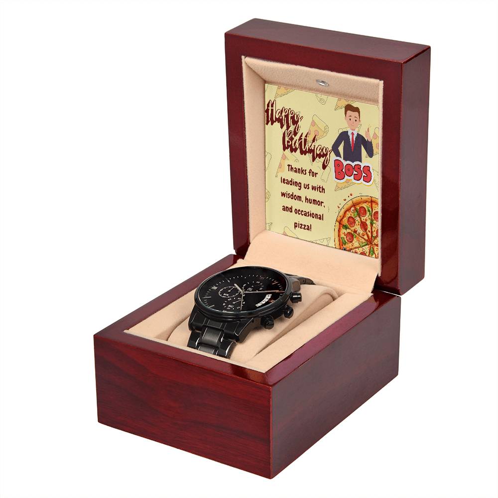 Black Chronograph Watch - The Funny Birthday Gift for Boss | Three Dial | Water Resistant | Scratch Proof | Gift Box | Funny Pizza Lover Message Card