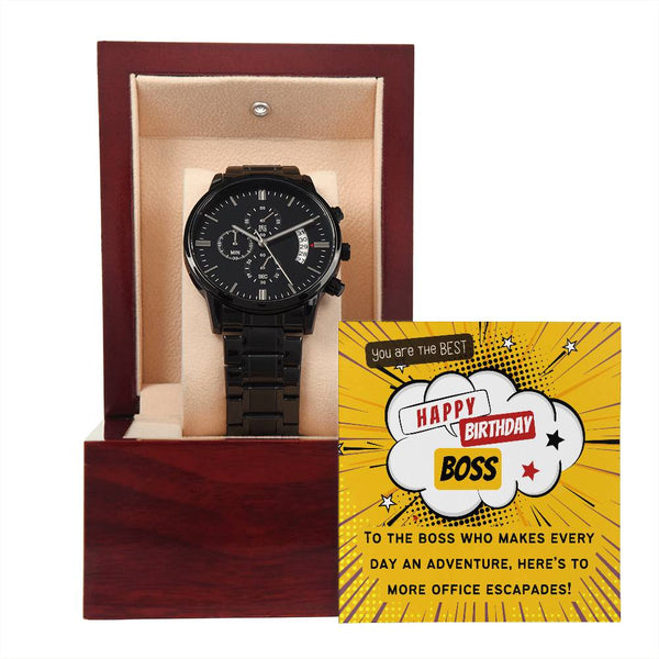 Black Chronograph Watch - The Perfect Gift for Boss Birthday | Three Dial | Water Resistant | Scratch Proof | Gift Box | Retro Vintage Message Card