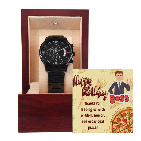 Black Chronograph Watch - The Funny Birthday Gift for Boss | Three Dial | Water Resistant | Scratch Proof | Gift Box | Funny Pizza Lover Message Card