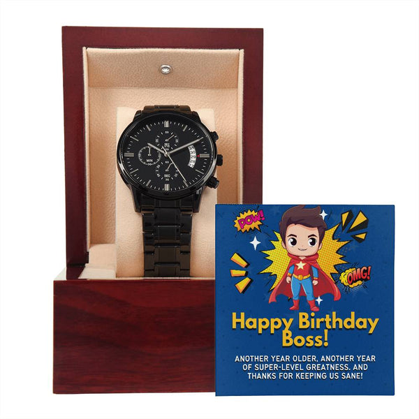 Black Chronograph Watch - The Perfect Birthday Gift for Boss | Three Dial | Water Resistant | Scratch Proof | Gift Box | Message Card | Superhero Boss