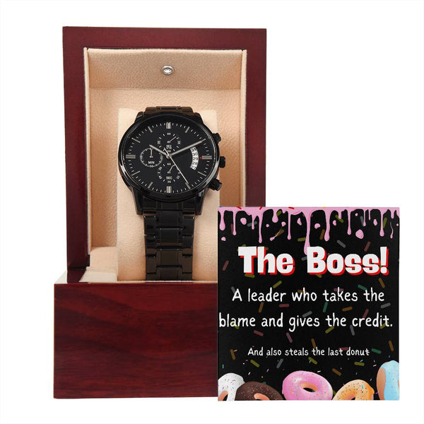 Black Chronograph Watch - Funny Gift for Boss Appreciation Day | Three Dial | Water Resistant | Scratch Proof | Gift Box | Message Card