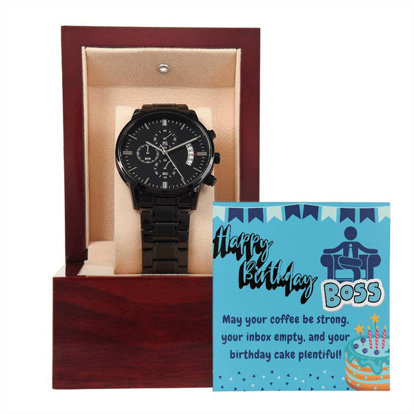 Black Chronograph Watch - The Perfect Birthday Gift for Boss | Boss Appreciation Day | Three Dial | Water Resistant | Scratch Proof | Gift Box | Message Card