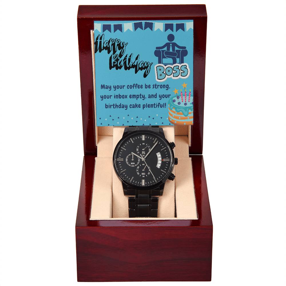 Black Chronograph Watch - The Perfect Birthday Gift for Boss | Boss Appreciation Day | Three Dial | Water Resistant | Scratch Proof | Gift Box | Message Card