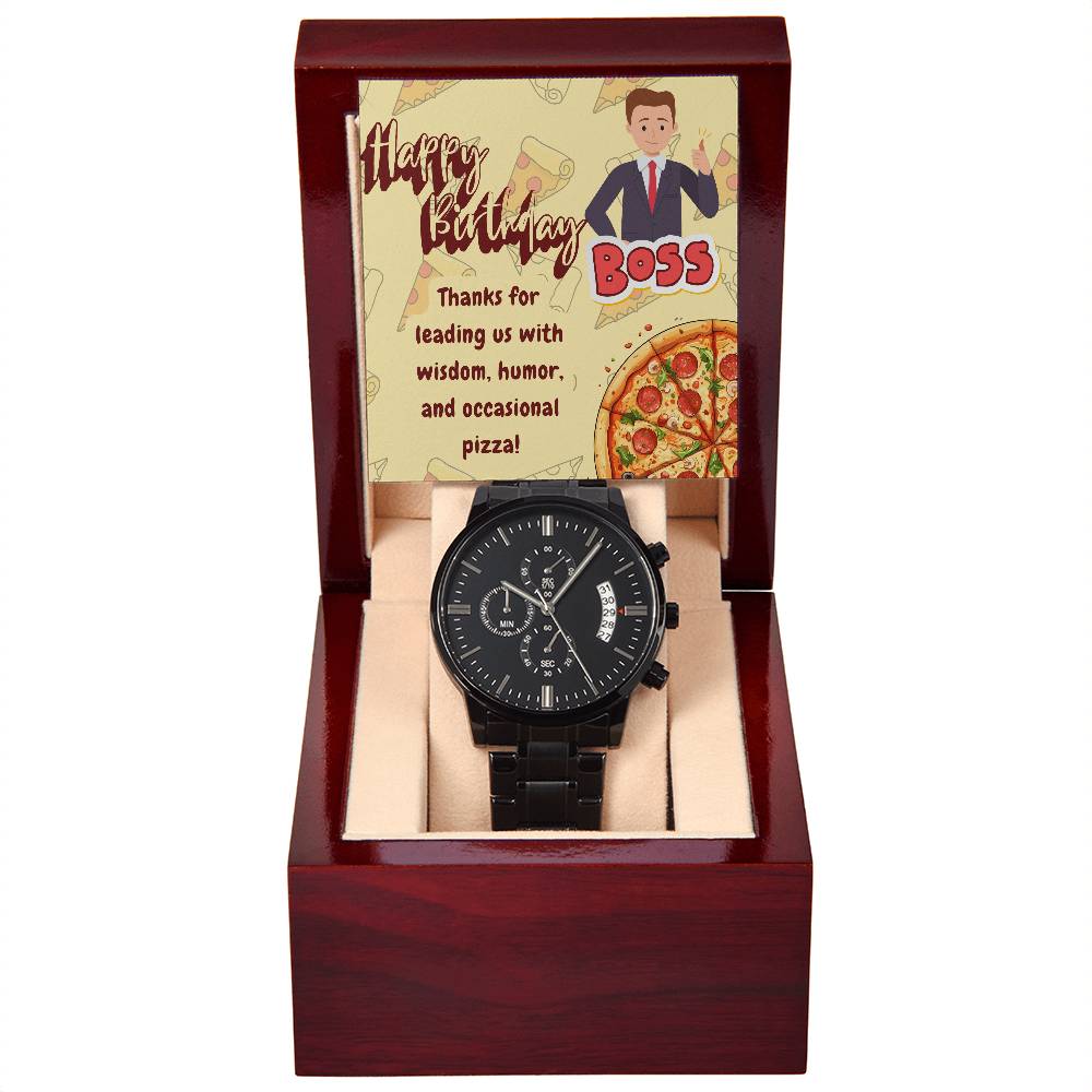 Black Chronograph Watch - The Funny Birthday Gift for Boss | Three Dial | Water Resistant | Scratch Proof | Gift Box | Funny Pizza Lover Message Card