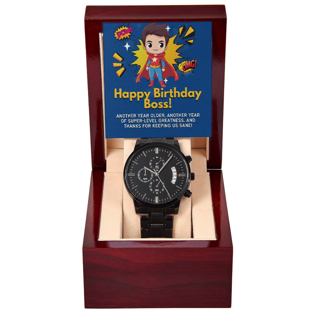 Black Chronograph Watch - The Perfect Birthday Gift for Boss | Three Dial | Water Resistant | Scratch Proof | Gift Box | Message Card | Superhero Boss