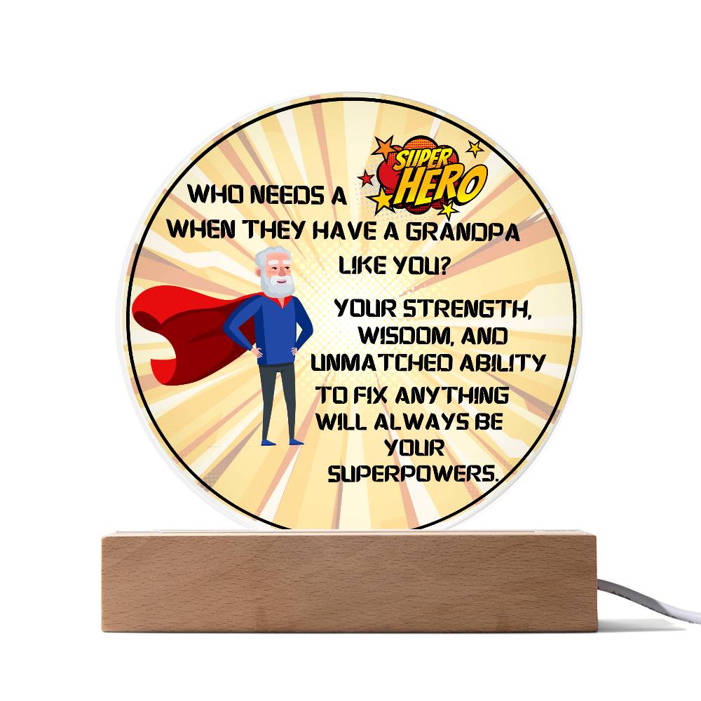 Grandparent day Gift for Gramps | Thoughtful Cute present for Grandpa who has everything | LED Acrylic Plaque | Superhero Grandfather
