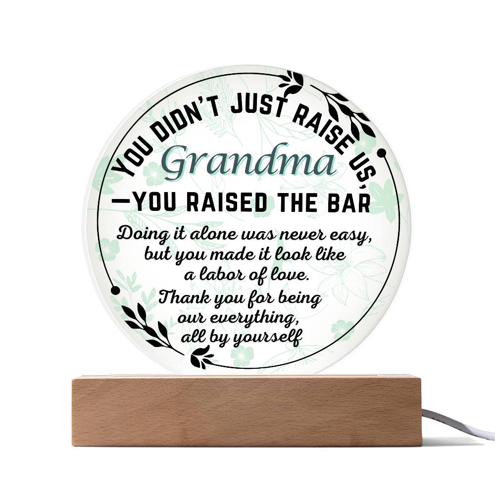 Single Grandma gift on Grandparent day for Nana | Thoughtful Cute present for Grammy who has everything | LED Acrylic Plaque | Raised the Bar