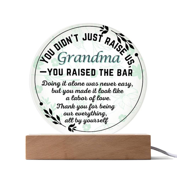 Single Grandma gift on Grandparent day for Nana | Thoughtful Cute present for Grammy who has everything | LED Acrylic Plaque | Raised the Bar