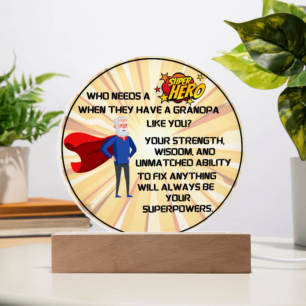 Grandparent day Gift for Gramps | Thoughtful Cute present for Grandpa who has everything | LED Acrylic Plaque | Superhero Grandfather