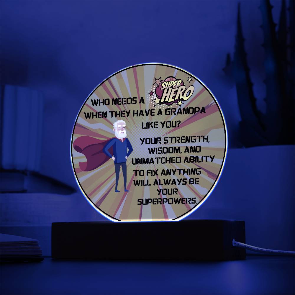 Grandparent day Gift for Gramps | Thoughtful Cute present for Grandpa who has everything | LED Acrylic Plaque | Superhero Grandfather