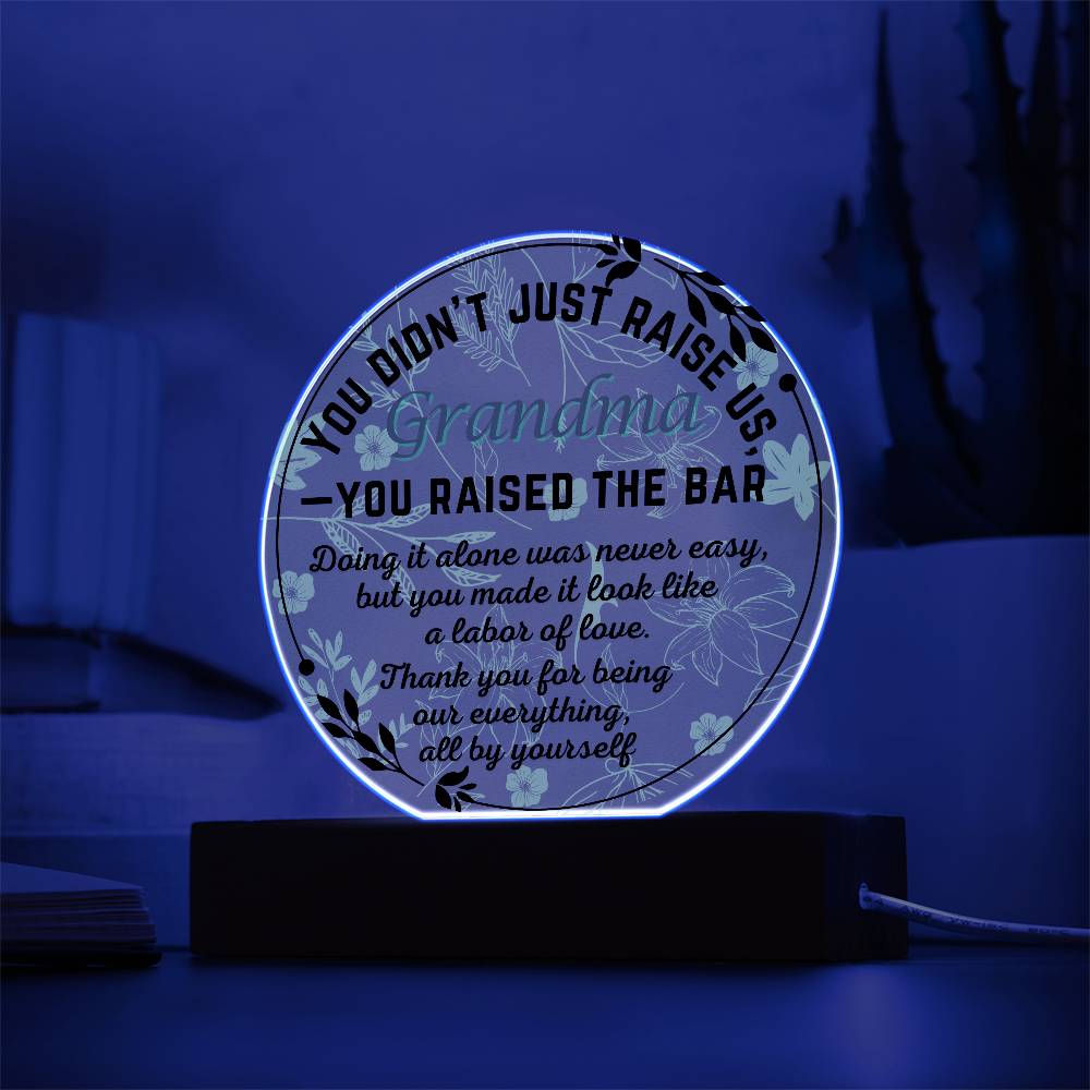 Single Grandma gift on Grandparent day for Nana | Thoughtful Cute present for Grammy who has everything | LED Acrylic Plaque | Raised the Bar