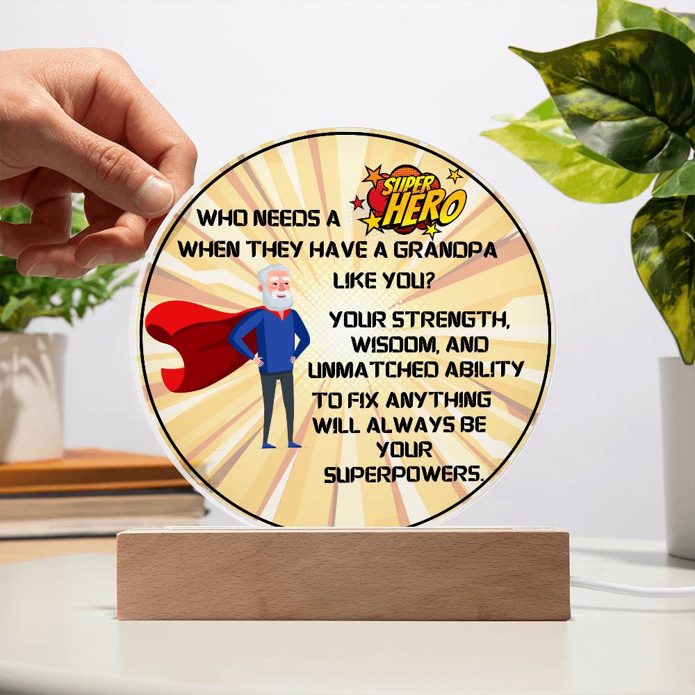Grandparent day Gift for Gramps | Thoughtful Cute present for Grandpa who has everything | LED Acrylic Plaque | Superhero Grandfather