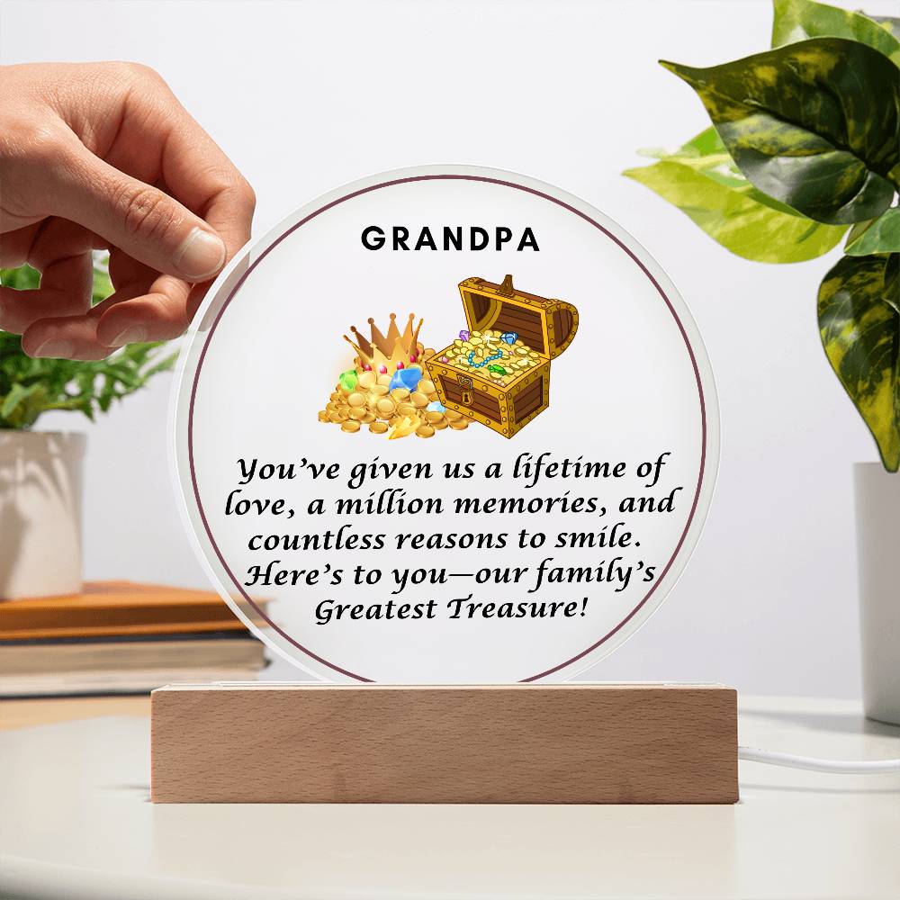 Grandparent day Gift for Gramps | Thoughtful Cute present for Grandpa who has everything | LED Acrylic Plaque | Our Greatest Treasure