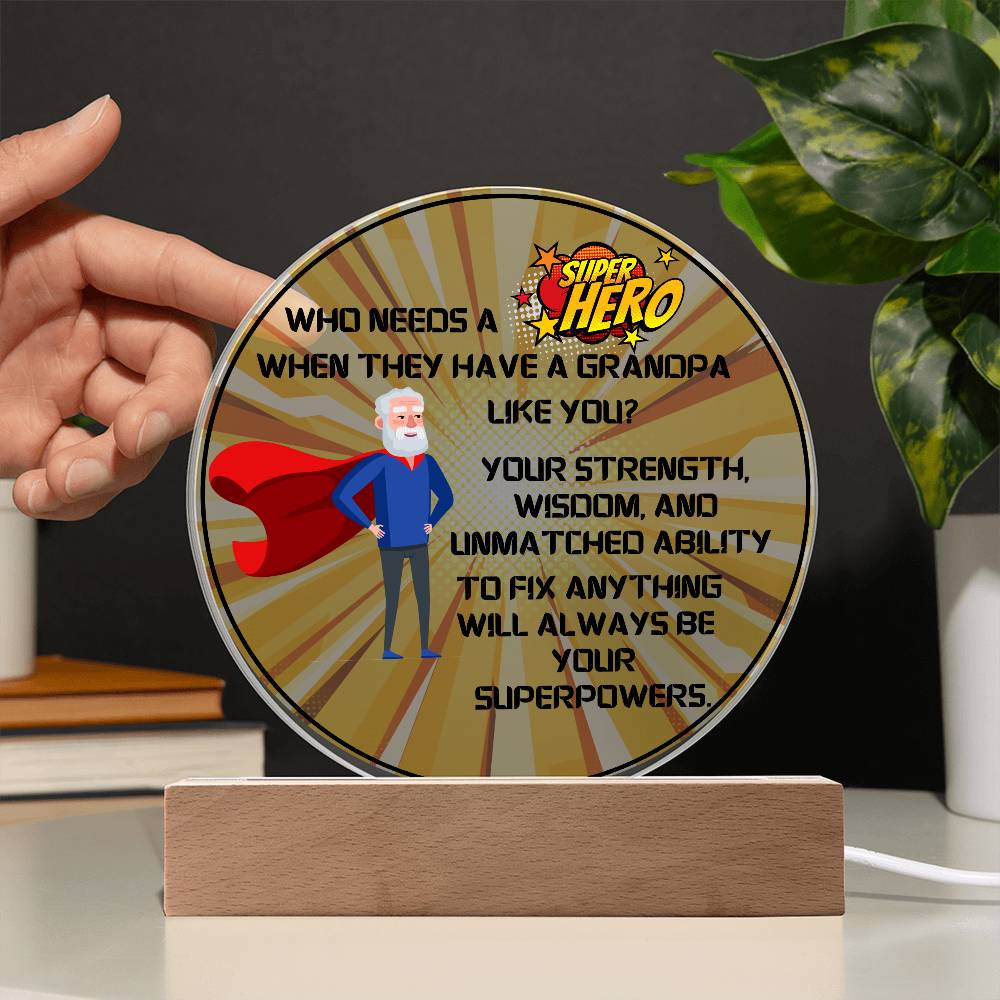Grandparent day Gift for Gramps | Thoughtful Cute present for Grandpa who has everything | LED Acrylic Plaque | Superhero Grandfather