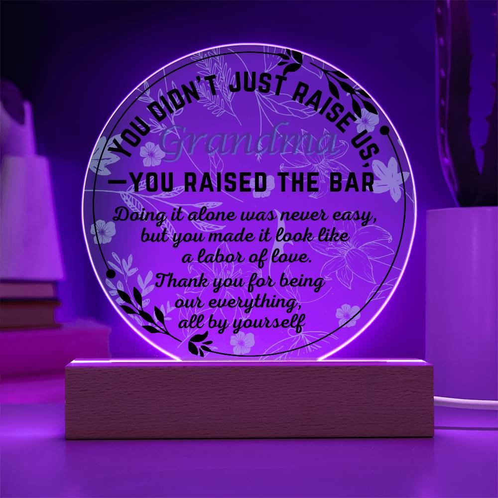 Single Grandma gift on Grandparent day for Nana | Thoughtful Cute present for Grammy who has everything | LED Acrylic Plaque | Raised the Bar