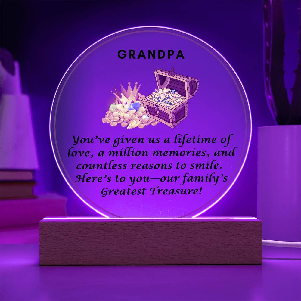 Grandparent day Gift for Gramps | Thoughtful Cute present for Grandpa who has everything | LED Acrylic Plaque | Our Greatest Treasure