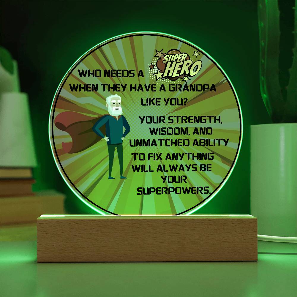 Grandparent day Gift for Gramps | Thoughtful Cute present for Grandpa who has everything | LED Acrylic Plaque | Superhero Grandfather