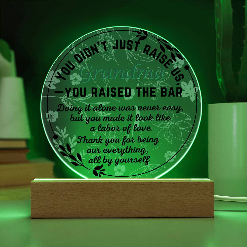 Single Grandma gift on Grandparent day for Nana | Thoughtful Cute present for Grammy who has everything | LED Acrylic Plaque | Raised the Bar