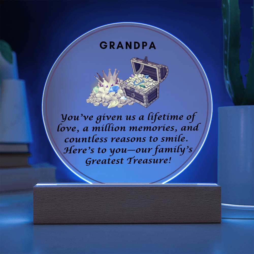 Grandparent day Gift for Gramps | Thoughtful Cute present for Grandpa who has everything | LED Acrylic Plaque | Our Greatest Treasure