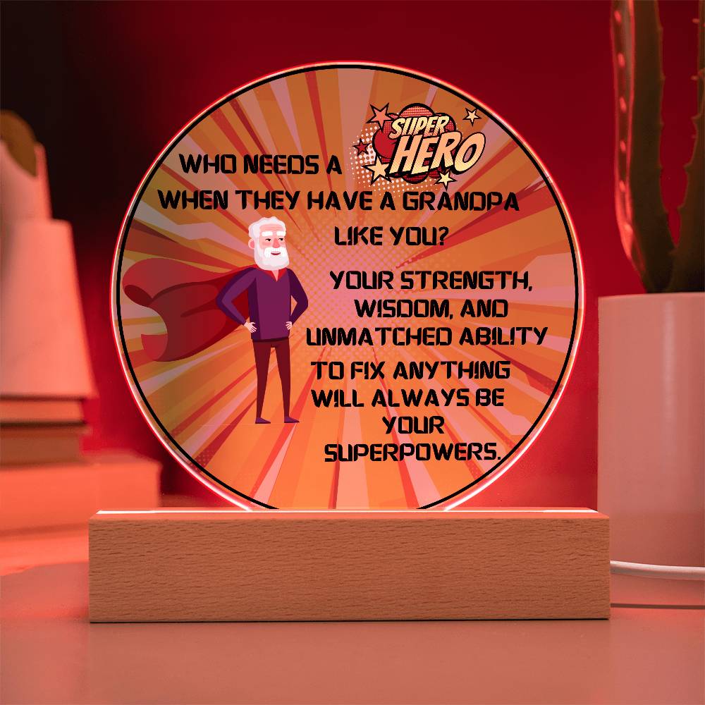 Grandparent day Gift for Gramps | Thoughtful Cute present for Grandpa who has everything | LED Acrylic Plaque | Superhero Grandfather