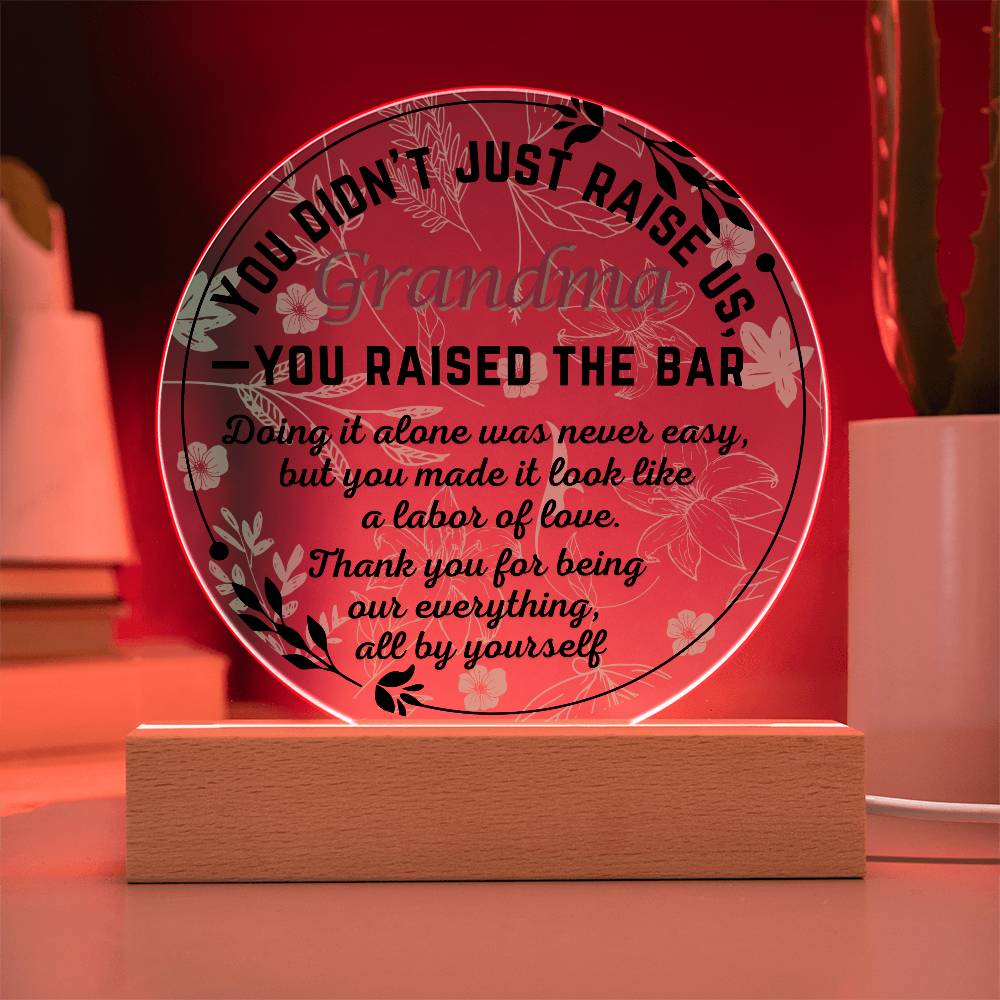 Single Grandma gift on Grandparent day for Nana | Thoughtful Cute present for Grammy who has everything | LED Acrylic Plaque | Raised the Bar