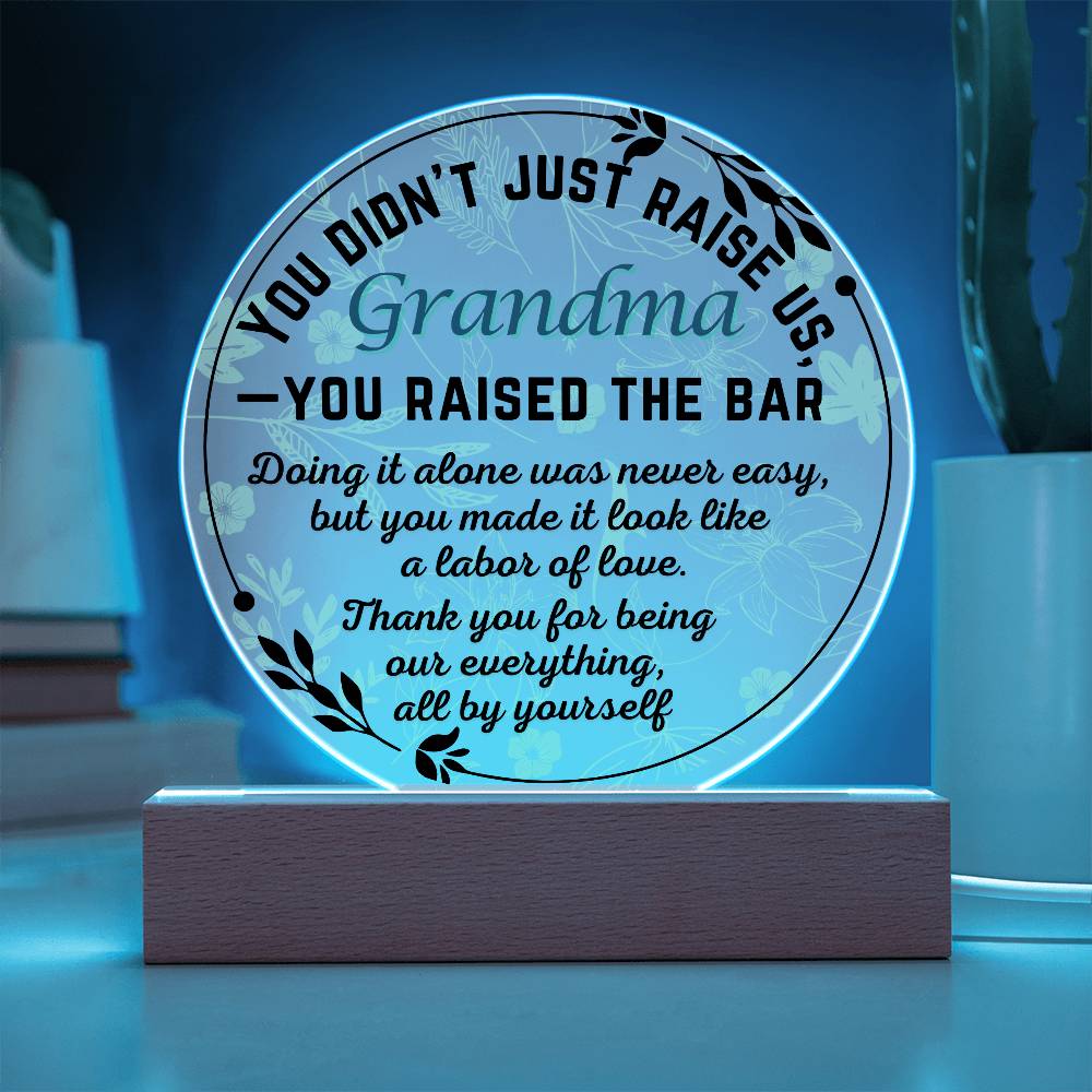 Single Grandma gift on Grandparent day for Nana | Thoughtful Cute present for Grammy who has everything | LED Acrylic Plaque | Raised the Bar