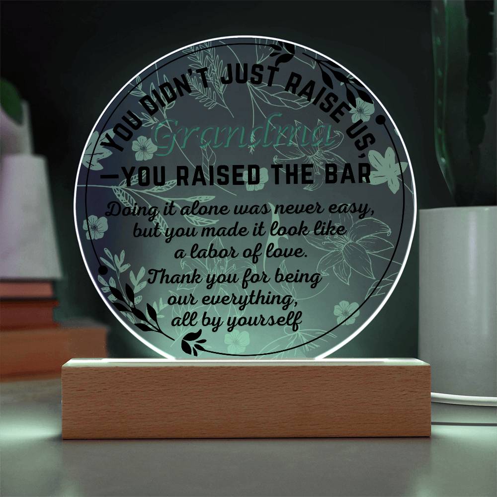 Single Grandma gift on Grandparent day for Nana | Thoughtful Cute present for Grammy who has everything | LED Acrylic Plaque | Raised the Bar
