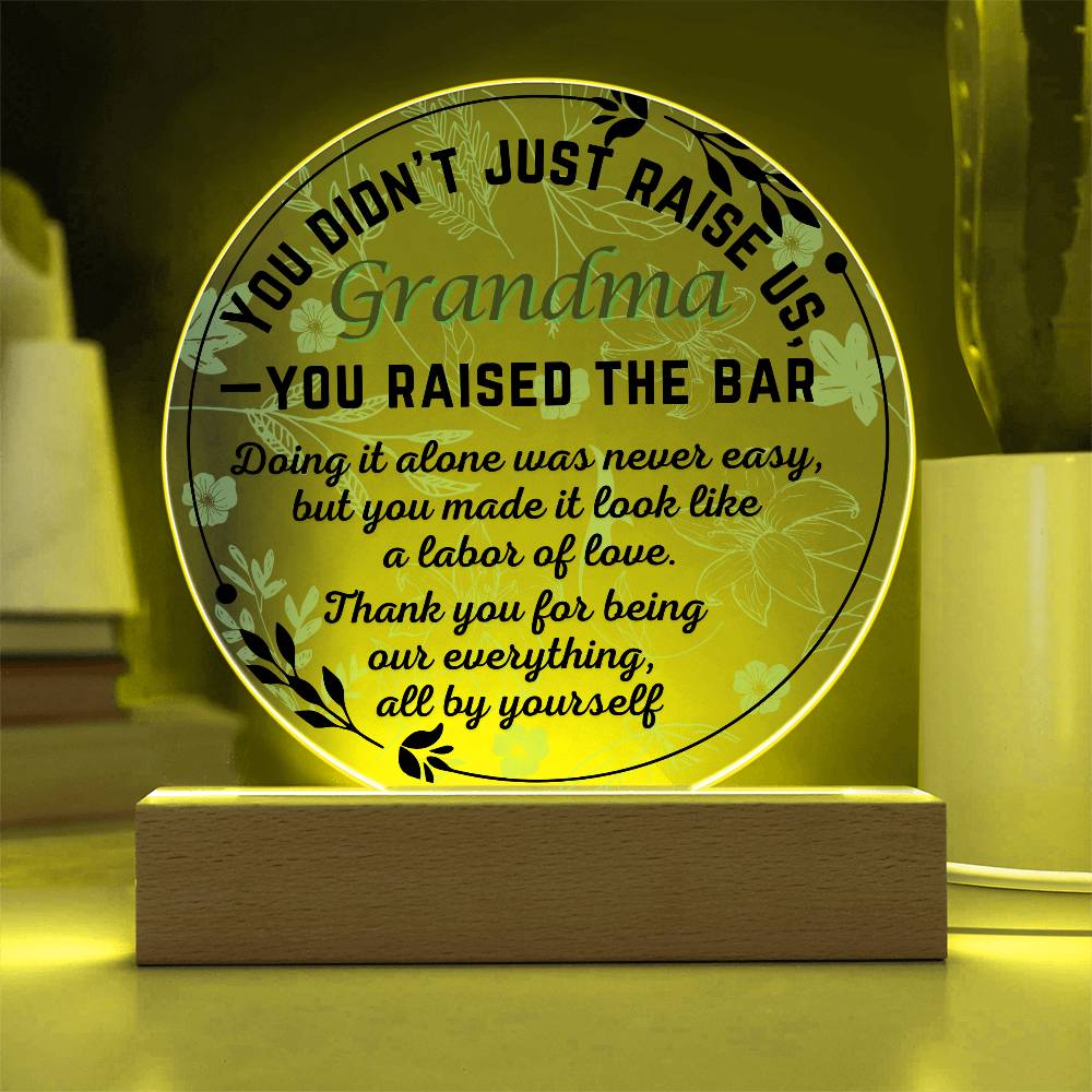 Single Grandma gift on Grandparent day for Nana | Thoughtful Cute present for Grammy who has everything | LED Acrylic Plaque | Raised the Bar