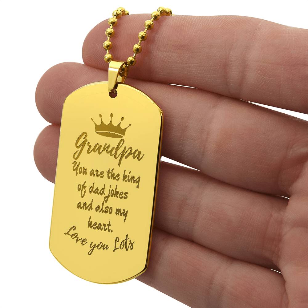 Engraved Dog Tag Necklace with Ball Chain | Personalized Unique Sentimental Gift for Grandfather who has everything | King of Dad Jokes