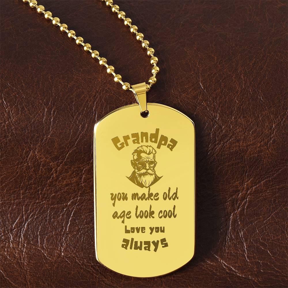 Engraved Dog Tag Necklace with Ball Chain | Personalized Unique Sentimental Gift for Grandfather who has everything  | Cool Grandpa