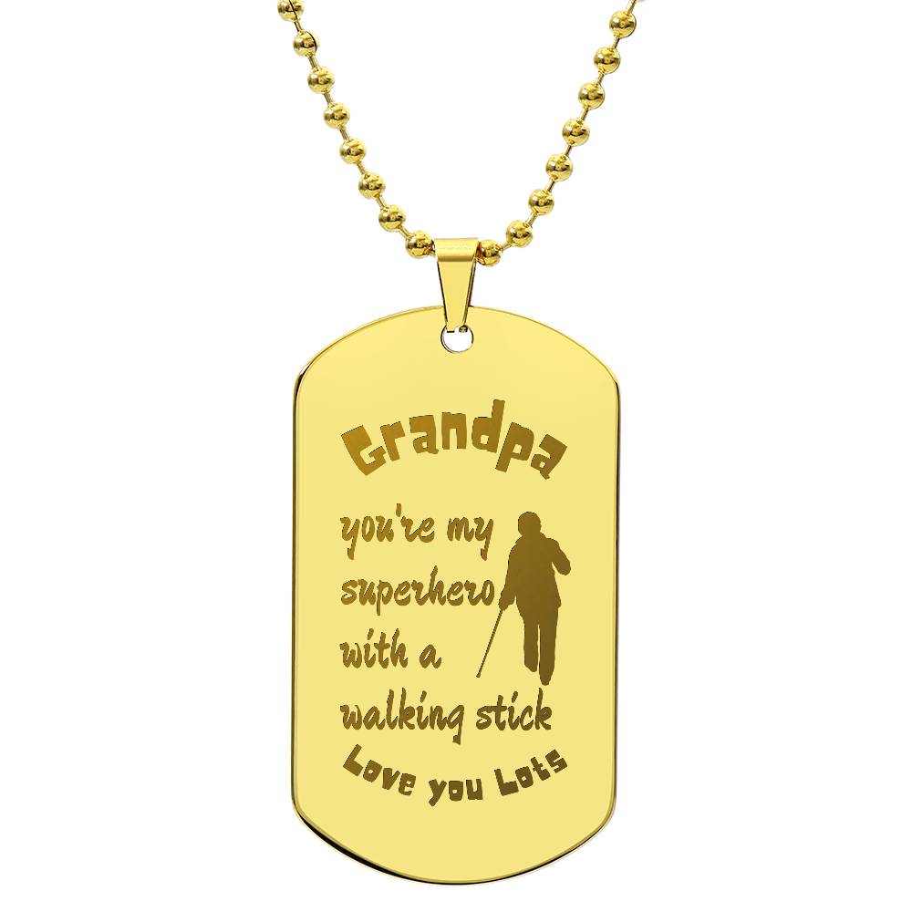 Engraved Dog Tag Necklace with Ball Chain | Personalized Unique Sentimental Gift for Grandfather who has everything | Superhero with Walking Stick