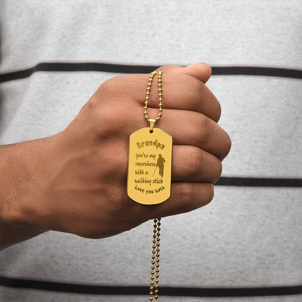 Engraved Dog Tag Necklace with Ball Chain | Personalized Unique Sentimental Gift for Grandfather who has everything | Superhero with Walking Stick