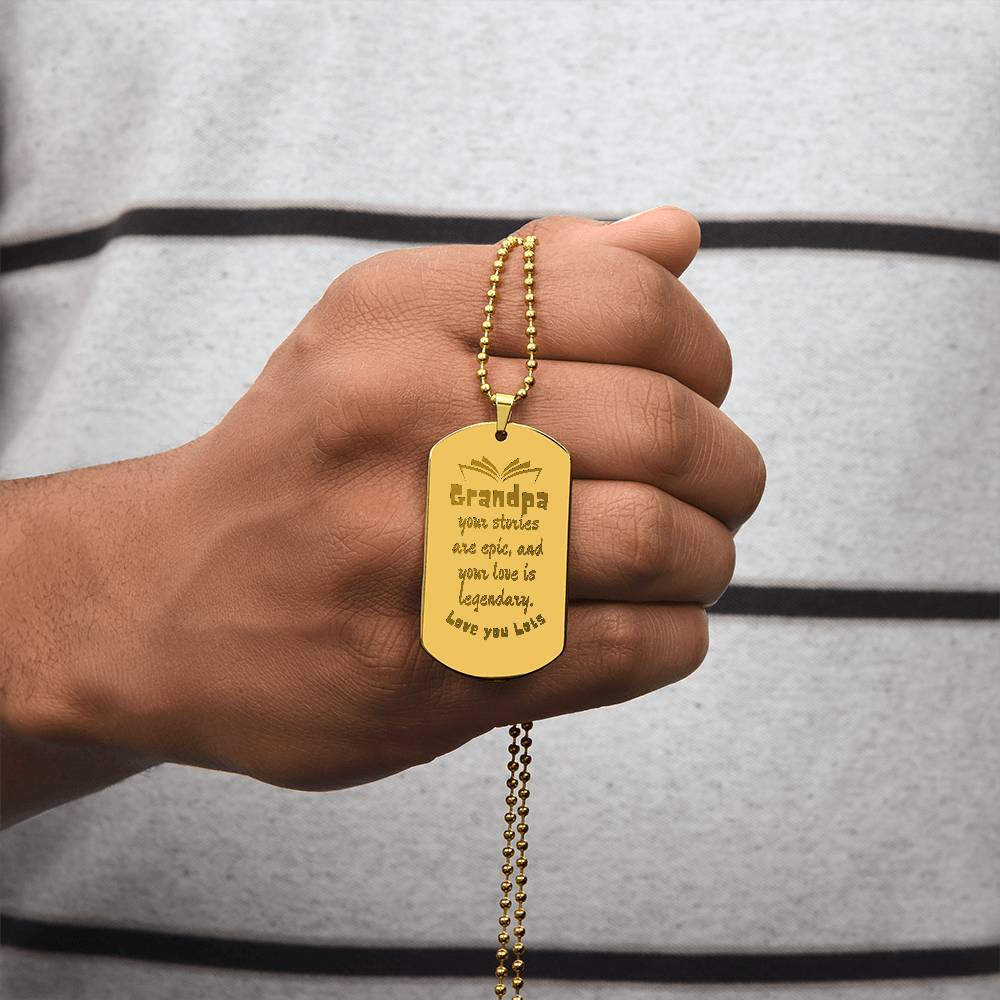 Engraved Dog Tag Necklace with Ball Chain | Personalized Unique Sentimental Gift for Grandfather who has everything | Legendary Grandpa Stories