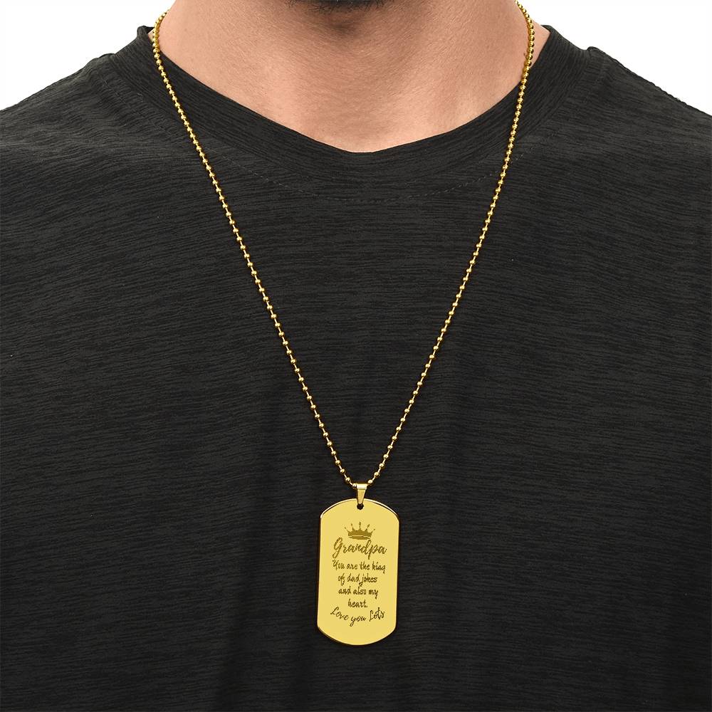 Engraved Dog Tag Necklace with Ball Chain | Personalized Unique Sentimental Gift for Grandfather who has everything | King of Dad Jokes