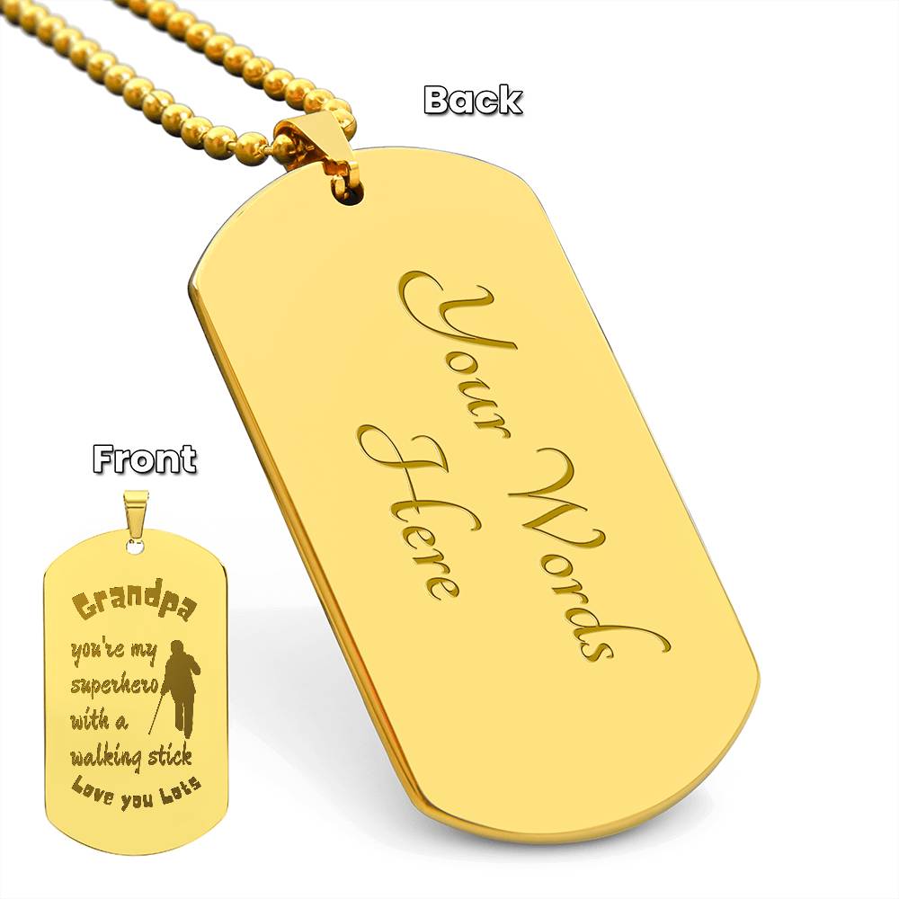 Engraved Dog Tag Necklace with Ball Chain | Personalized Unique Sentimental Gift for Grandfather who has everything | Superhero with Walking Stick